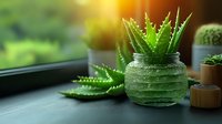 Succulent aloe vera plant in decorative glass jar on windowsill with natural sunlight and bokeh effect, green home decor with potted plants and soft focus.