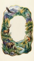 Watercolor forest frame with wildlife animals deer bear fox owl eagle in mountain landscape with trees and stream, blank space for text or design elements.
