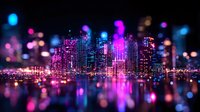 Vibrant cityscape with neon pink and blue lights reflecting on water surface, blurred bokeh effect creates dreamy urban nightscape with glowing skyscrapers.