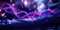 Abstract purple glowing particles flow creating magical wave effect against dark background with bokeh lights, modern digital art design for technology concept.