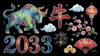 Colorful ox with 2033 text, Asian cross, lantern, cherry blossoms, fan, and cloud elements isolated on transparent background. Ready for t-shirt design, clipart, stickers, and print-on-demand products.