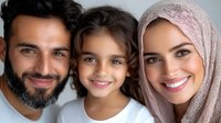 Middle Eastern family portrait showing close-up of smiling parents with young daughter, expressing joy and togetherness against neutral background. Genuine emotions and cultural diversity.