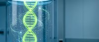 Glowing DNA double helix structure in glass cylinder with sparkling particles for genetic research, biotechnology and medical science applications.