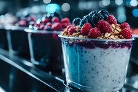 Creamy yogurt parfait topped with fresh raspberries, blackberries and granola in glass cup. Healthy breakfast or dessert option for food blogs and wellness content.