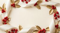 Festive Christmas frame with golden holly leaves, red berries and cream ribbon on beige background. Holiday decoration border for greeting cards and seasonal designs.