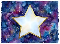 Watercolor galaxy background with glowing white star framed in gold, cosmic purple and blue tones, sparkling stars, copy space for text or greeting card design.