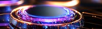 Glowing neon blue and purple circular light trails create futuristic technology background with motion blur effect and dynamic energy rings.
