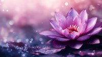 Purple lotus flower blooming on water surface with magical bokeh lights and dewdrops creating dreamy spiritual atmosphere for meditation and wellness concepts.