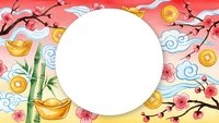 Chinese New Year frame with cherry blossoms, bamboo, gold coins and traditional clouds on pink background. Festive Asian holiday border template.