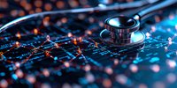 Medical stethoscope on digital network pattern with glowing connections and nodes in blue and orange tones, representing healthcare technology.