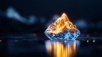 Glowing fire element trapped inside crystal clear ice formation creates magical contrast with water reflection against dark background.