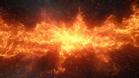 Dramatic cosmic explosion with intense orange flames and sparks against dark space background, creating powerful energy burst effect for dramatic designs.