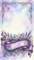 Watercolor lavender frame with ornate purple ribbon banner and floral botanical elements on soft pastel background. Isolated design ready for invitations, greeting cards, posters, and digital projects.