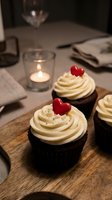 Romantic chocolate cupcakes with cream frosting and red heart decorations on wooden board with candle light for Valentine's Day celebration and dessert menu.