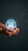 Close-up of male hand holding glowing neon circle icon with medical symbols including cross, syringe, and water drop against dark background for healthcare and wellness concepts.