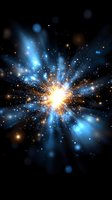 Bright cosmic explosion with radiating blue light beams and golden particles against dark space background, creating dynamic stellar burst effect.
