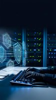 Cybersecurity professional workspace with glowing shield icons, keyboard, and server room background displaying digital protection and network security monitoring systems.