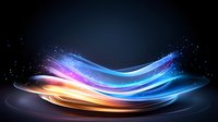 Glowing abstract waves with blue, purple and orange light trails against dark background create dynamic motion effect with sparkles and energy flow.