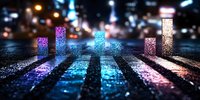 Glowing neon bar graph on wet asphalt reflects city lights at night, creating futuristic urban data visualization with pink and blue gradient columns.