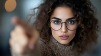 Young Mediterranean woman with natural curly hair and round glasses wearing brown sweater looking at camera with soft bokeh background and gentle expression.