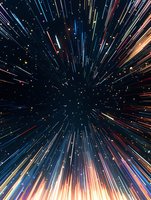 Dynamic light streaks create warp speed effect against dark space background, with multicolored rays radiating from center in starburst pattern for sci-fi designs.