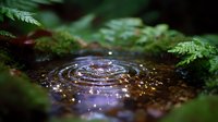 Water drop creates concentric ripples in dark pond surrounded by lush green ferns and moss, capturing magical moment with bokeh light effects in nature.