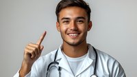 Young Hispanic male medical professional in white coat and stethoscope pointing upward with confident smile against light background, representing healthcare career.