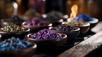 Aromatic dried flowers and herbs in wooden bowls on rustic table, vibrant purple and blue petals with natural healing properties for wellness and spa treatments.
