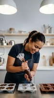 Young woman of Latin American descent, wearing dark apron and black shirt, piping melted chocolate into molds in bright kitchen with shelving and pendant lights.