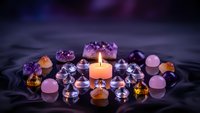 Healing crystals and gemstones arranged around glowing candle for meditation, spiritual wellness and energy cleansing ritual on dark surface.