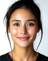 Young Hispanic woman with natural makeup and glowing skin smiling warmly at camera against white background for beauty and skincare concepts.