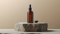 Amber glass dropper bottle on raw stone podium with natural elements against neutral background. Minimalist cosmetic presentation for skincare products.