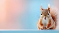 Red squirrel with fluffy tail looking directly at camera on soft pastel pink and blue background. Close up portrait showing curious expression and detailed fur.