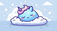 Cute sleeping unicorn cloud character in pastel colors with pink horn resting on fluffy white clouds against starry sky background. Kawaii fantasy art for children decor.