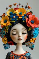 Artistic doll with colorful floral headdress featuring yellow, blue, and orange fabric flowers, closed eyes, and freckled face against neutral background.