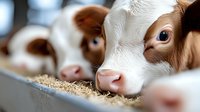 Young brown and white dairy calves eating grain feed from metal trough, close-up view showing soft focus on calf eyes and nose, farm animal portrait.
