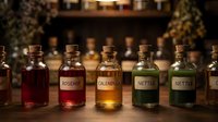 Assorted herbal remedy bottles with rosehip, calendula, and nettle extracts displayed on wooden surface with dried plants and warm lighting for natural medicine and wellness product promotion.