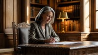 Mature woman with gray hair and professional attire sitting at wooden desk in elegant library, writing or reviewing documents, surrounded by bookshelves and warm lighting for business, education, or corporate concepts.