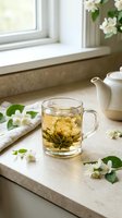 Steaming cup of blooming jasmine tea on windowsill with white teapot, fresh flowers and natural light for beverage and wellness content.