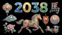 Colorful Chinese New Year 2038 Year of the Horse design elements including decorative lantern, numerals, horse illustration, flowers, and traditional ornaments isolated on transparent background for t-shirt design, clipart, stickers, and print-on-demand projects.