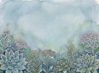 Watercolor botanical border with succulents and wildflowers on soft blue green background for wedding invitations and stationery design.