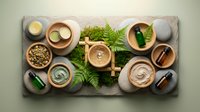 Natural organic skincare products with green cosmetic creams and essential oils arranged on wooden tray with fern leaves and spa stones for beauty routine.