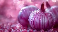 Fresh red onion with water drops in pink and purple tones, macro photography showing detailed texture and bokeh effect background creates dreamy atmosphere.