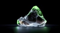 Glowing crystal with green light on black background, raw gemstone with mysterious illumination and smoke effects creates mystical atmosphere.