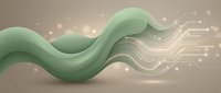 Smooth flowing wave shape in soft green transitioning to digital circuit lines with glowing particles on neutral background, suitable for technology, innovation, and business presentations.
