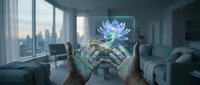 Hands holding holographic lotus flower projection in modern apartment with city skyline view through windows creating futuristic meditation concept.