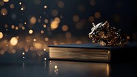 Crumpled aluminum foil shaped like dragon on vintage book against dark background with magical golden bokeh lights creating mystical atmosphere.