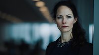 Professional woman with dark hair and statement necklace in corporate hallway, serious expression conveying confidence and determination in business environment.