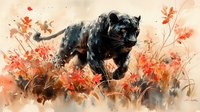 Black panther prowling through autumn foliage with orange leaves and watercolor splashes, artistic wildlife illustration in warm tones against light background.