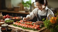 Young Asian female chef preparing sushi rolls on wooden board in restaurant kitchen, surrounded by fresh ingredients and garnishes. Professional culinary scene.